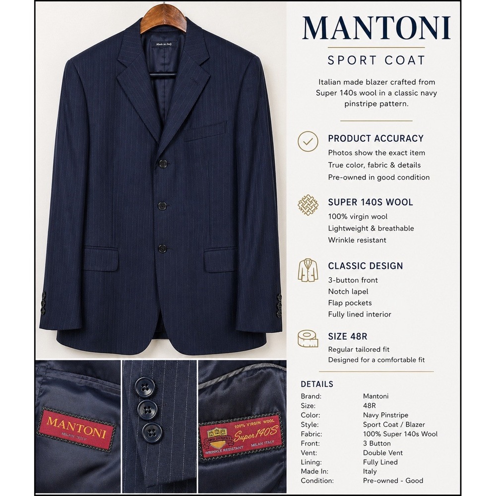 Mantoni 48R Super 140s Wool Blazer Navy Pinstripe Sport Coat Made In Italy